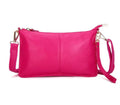 Lady's cowhide slant bag with hand strap and long shoulder strap shown in multiple colours.