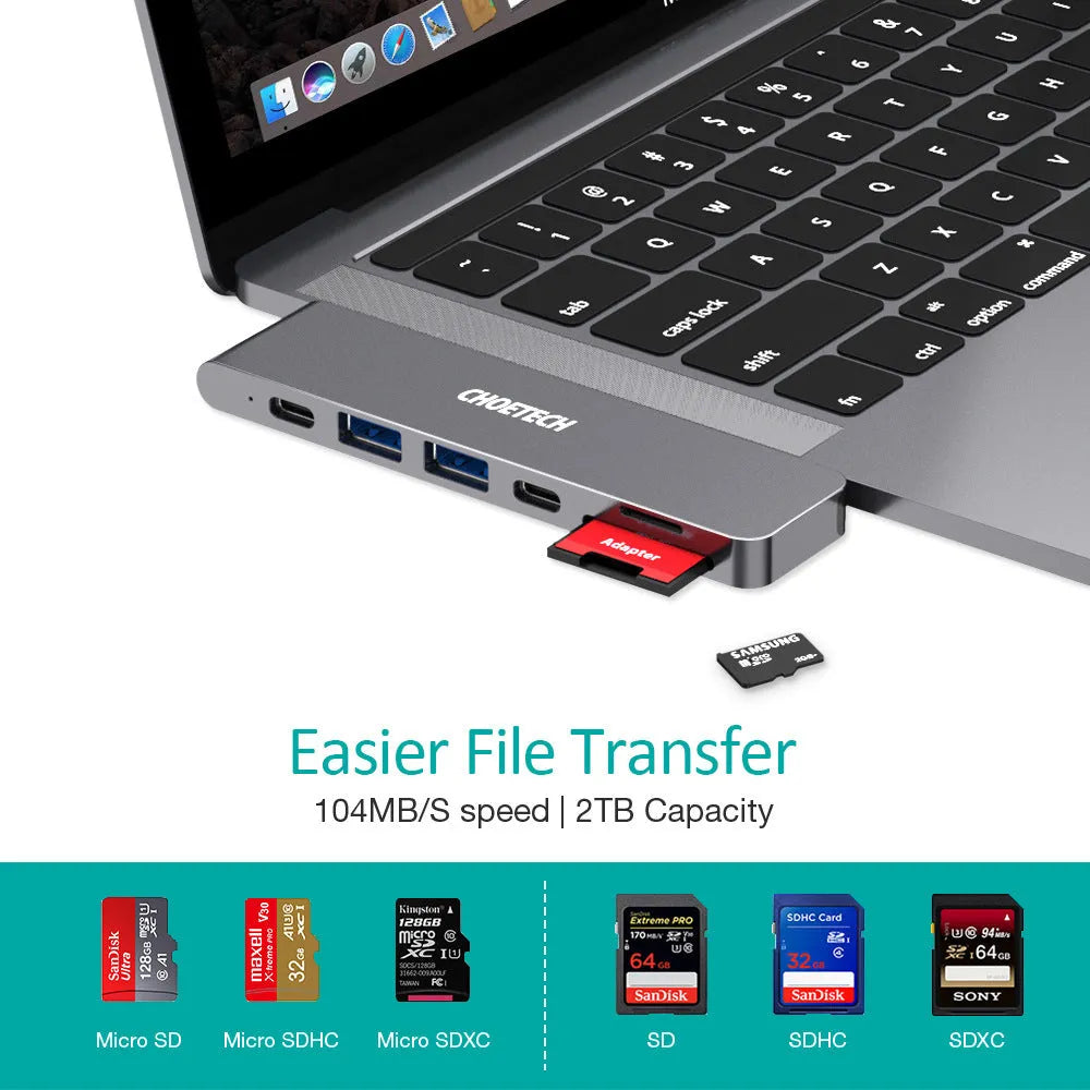 USB-C to SD card reader adapter with six ports including HDMI and USB 3.0