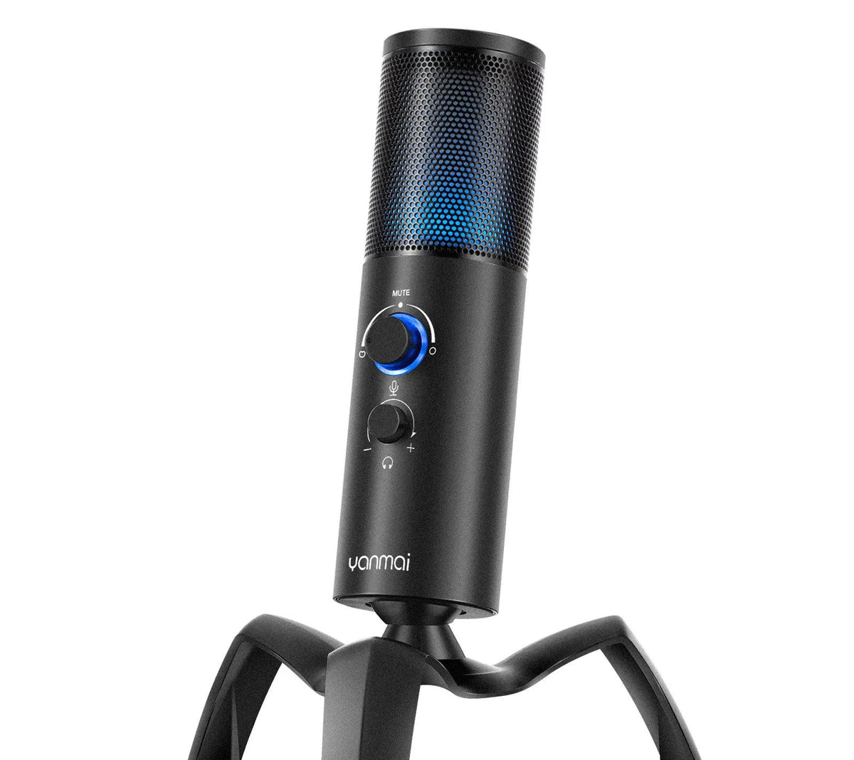 Black metal USB condenser microphone with RGB lighting on adjustable tripod stand