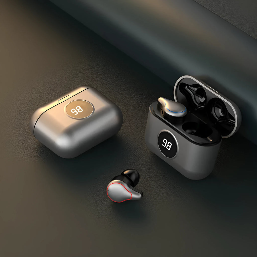 Black and blue wireless in-ear Bluetooth headset with bilateral stereo sound design.