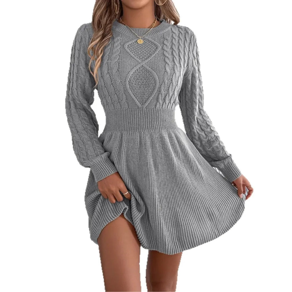 Women's solid colour sweater dress with long lantern sleeves and an elastic waist.