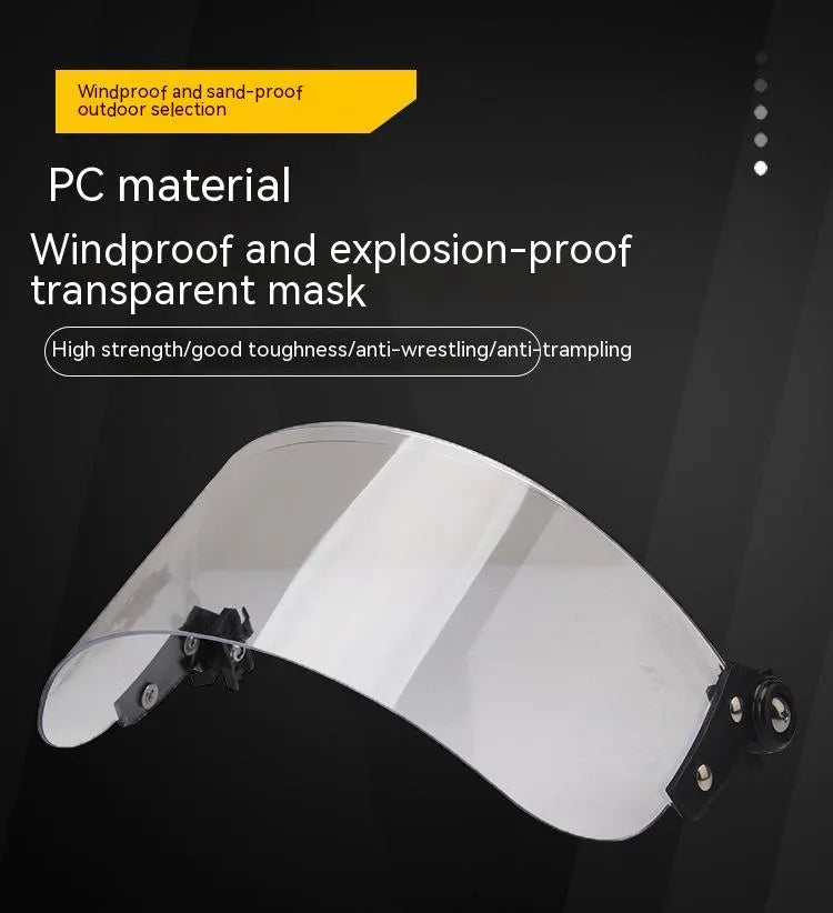 Transparent polycarbonate helmet face shield with semi-rimless frame measuring 30cm by 15cm