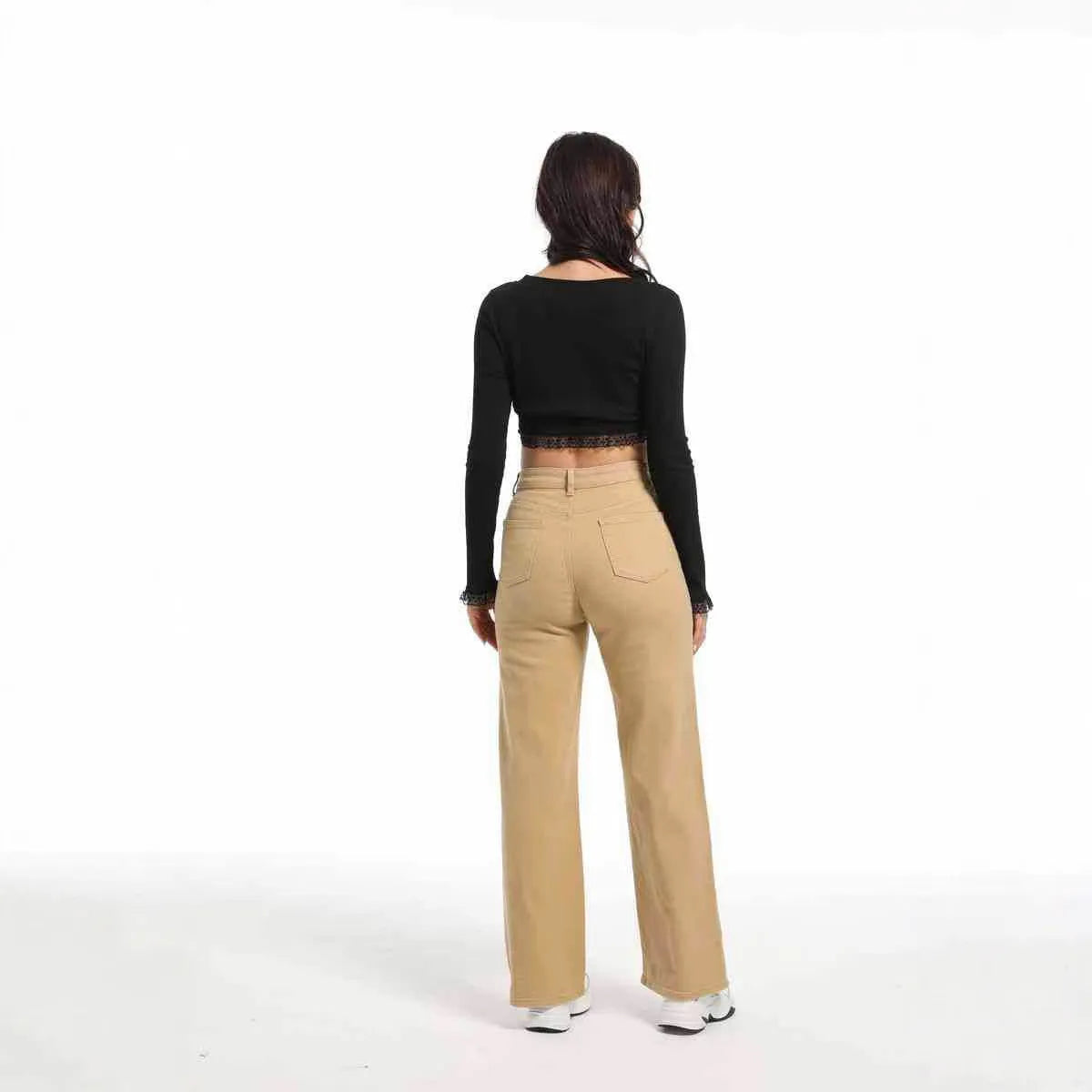 Women's straight leg wide jeans in apricot and khaki colours showing high waist design and trouser length