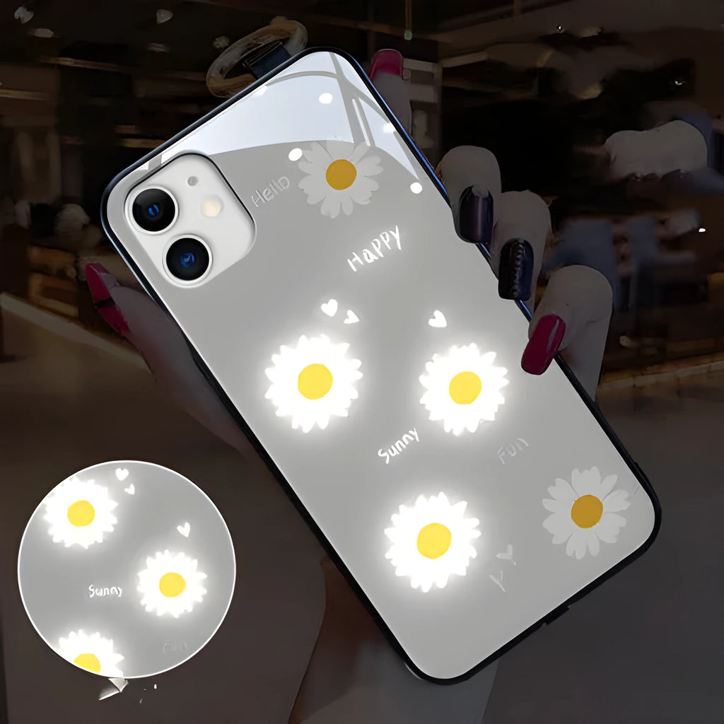 iPhone case with TPU protective shell showing daisy painted design and voice-activated colour light feature