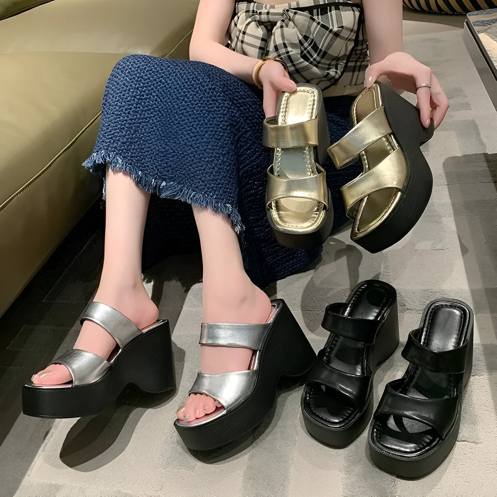 Metallic wedge platform slippers for women with square toe and PU leather upper