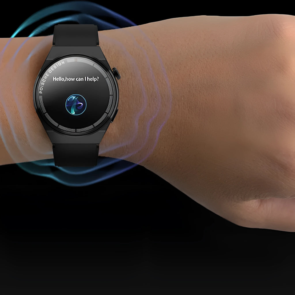Black Bluetooth Call Smartwatch with 1.39 inch tempered glass screen and NFC payment feature showing blood sugar monitor interface