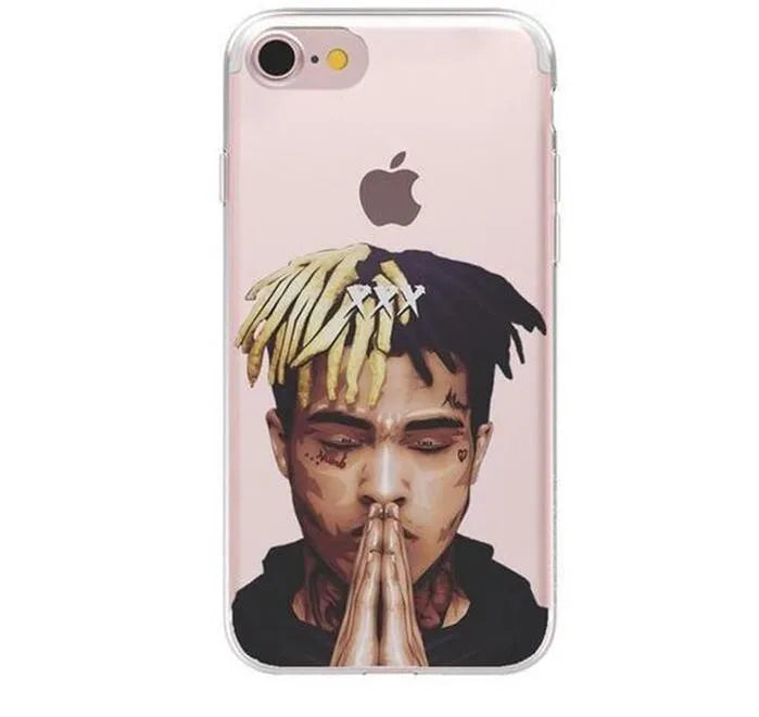 Transparent matte iPhone case with printed XXXTentacion graphic design, showing half-wrapped sides.