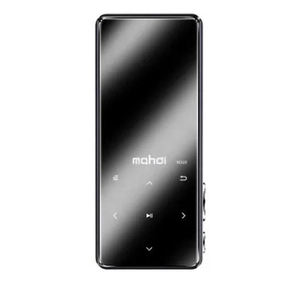 Silver portable MP4 player with 2.4 inch touch screen, showing music playback interface.