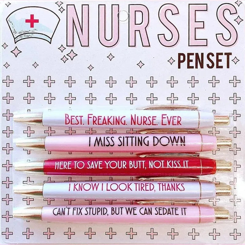Five nurse-themed retractable ballpoint pens with medical motif designs arranged together