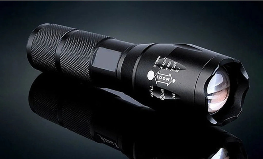 Black aluminium alloy zoomable LED flashlight showing adjustable head for focus control