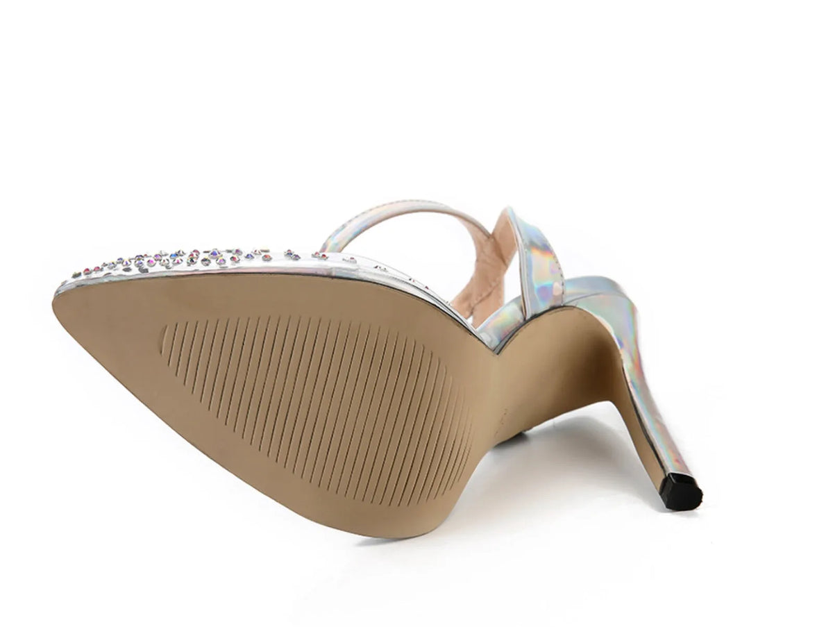 Women's pointed toe sandals with stiletto heel and diamond detail, made from PVC, shown on a size chart.