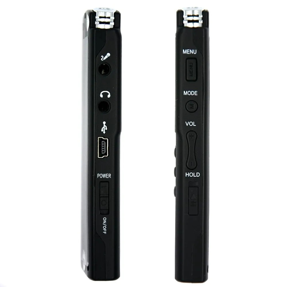 Black USB digital voice recorder for telephone and microphone recording, showing compact size