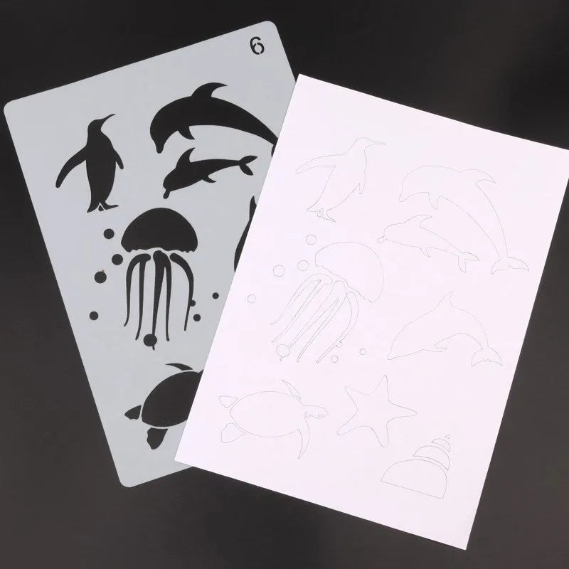 White drawing stencil set showing assorted artistic patterns including geometric shapes and mandala designs