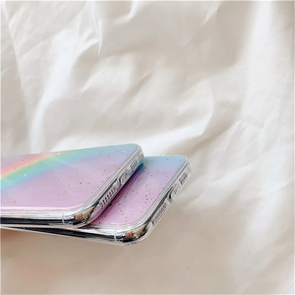 Rainbow gradient striped TPU phone case for iPhone models with anime-inspired design