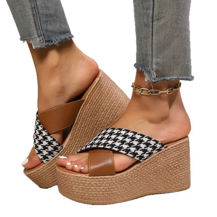 Cross leopard plaid wedge sandals showing brown and black pattern variations with rubber soles
