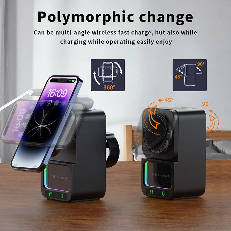 White and black 5-in-1 Bluetooth speaker wireless charger unit on a table