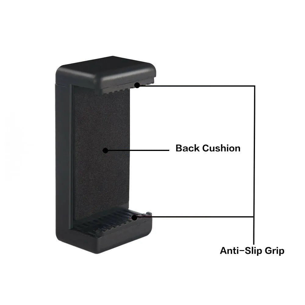 Black plastic single phone holder with 10x4x3.5mm dimensions showing rotating clamp mechanism