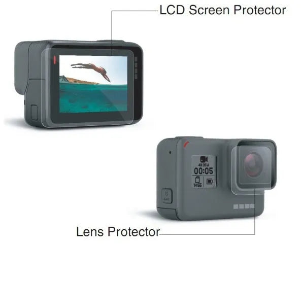 Transparent 9H tempered glass screen and lens protector films for GoPro Hero 5, 6, and 7 cameras.