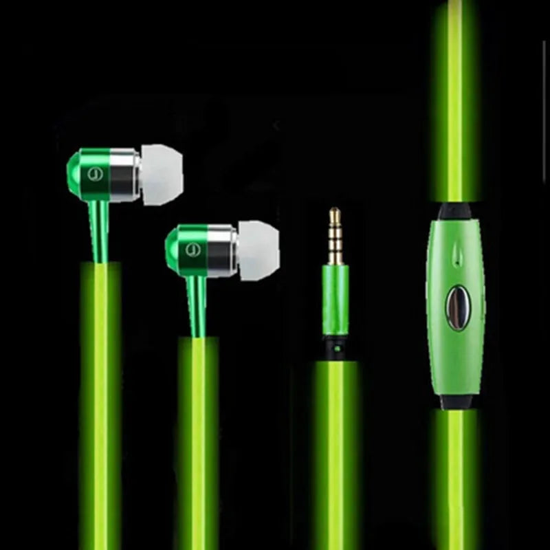Blue Magic Light LED earphones with illuminated light lines, 3.5mm plug, and remote microphone.