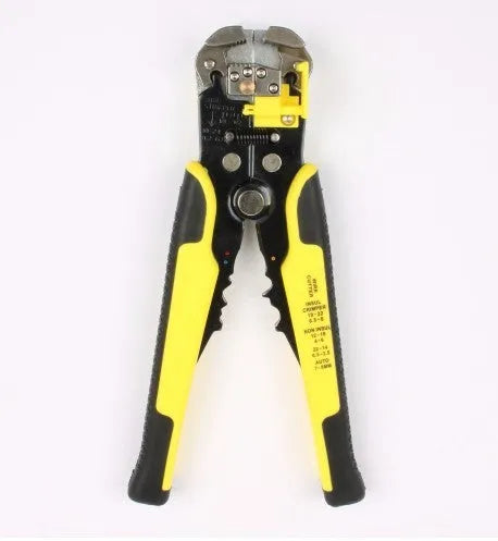Yellow automatic wire stripper crimping plier multitool with adjustment screw for cable preparation