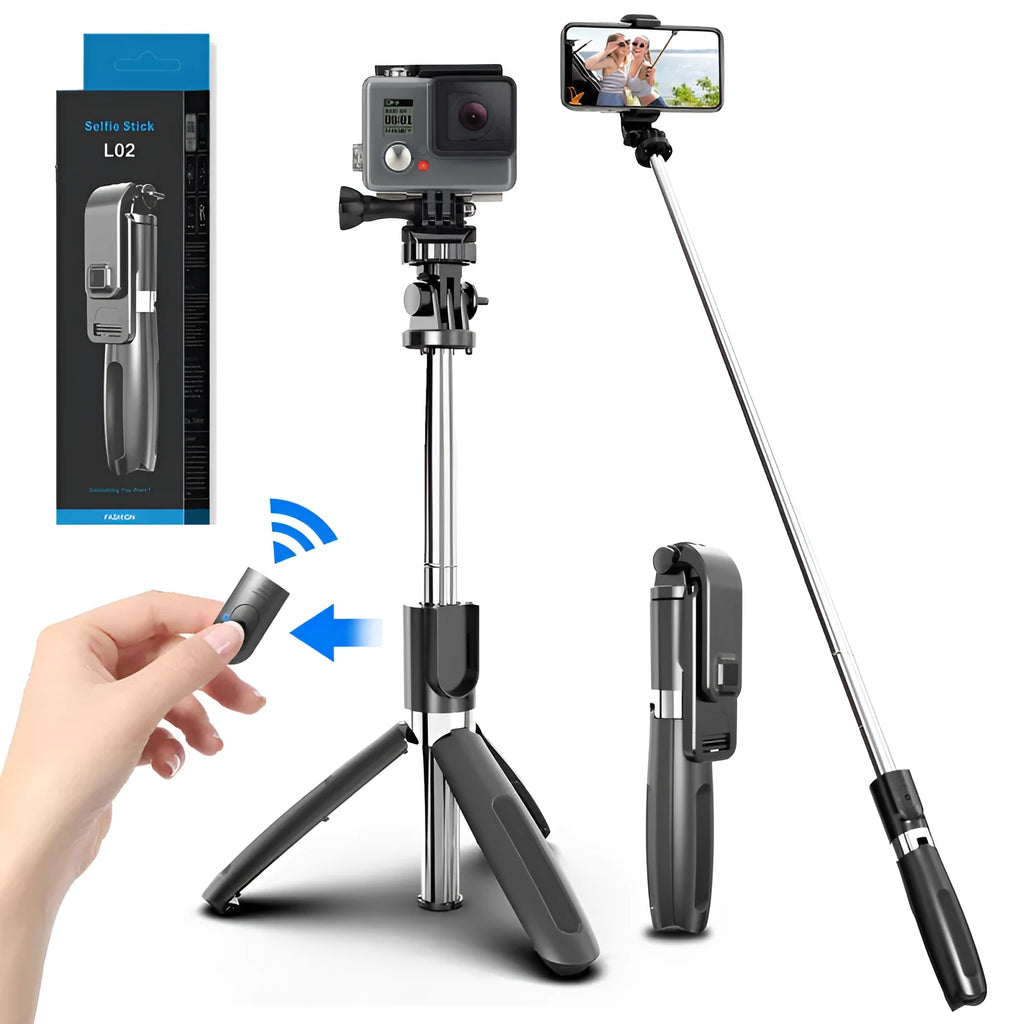 Black Bluetooth selfie stick with tripod base extended, showing wireless remote and phone mounted.