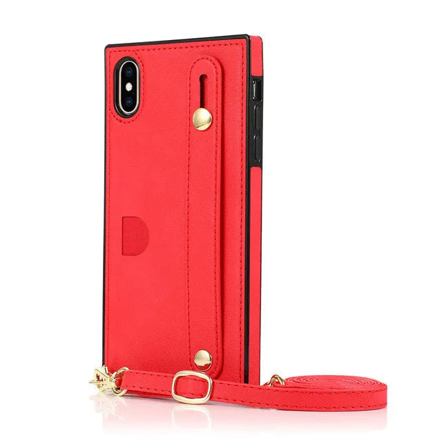 Leather messenger phone case with wristband and back cover in black for iPhone