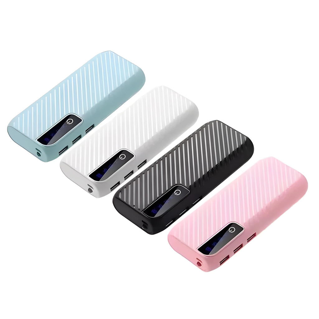 20000mAh portable mini power bank in multiple colours showing compact dimensions