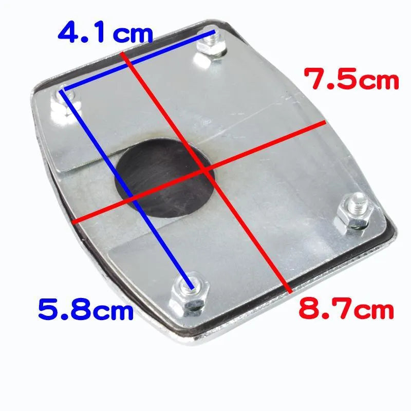 Metal motorcycle scooter brake pedal skid plate showing three model variants for universal vehicle compatibility