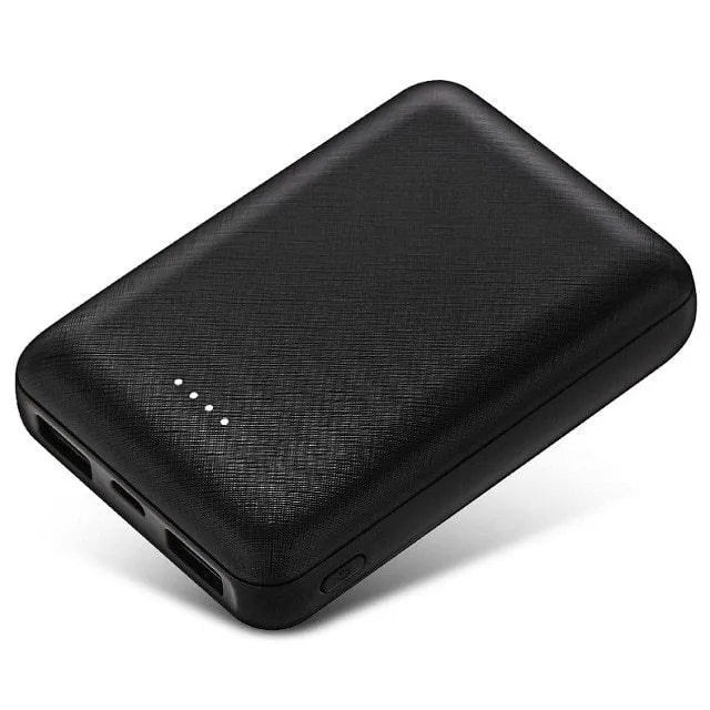 Black and white ultra-thin power bank showing 90x63x22mm dimensions with multiple USB charging ports