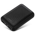 Black and white ultra-thin power bank showing 90x63x22mm dimensions with multiple USB charging ports