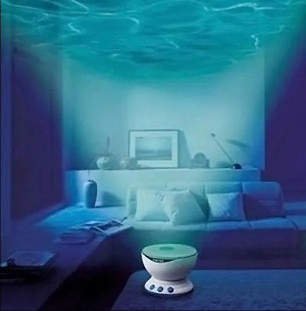 Blue coloured ocean theme LED projection lamp for children's rooms.