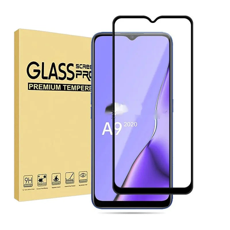 OPPO A9 2020 full screen tempered glass protector with black colour and full glue adhesive