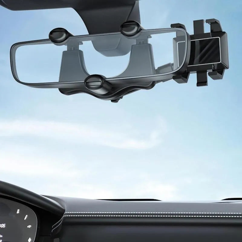 Black rearview mirror car phone holder showing 360 rotation and extended telescopic arm
