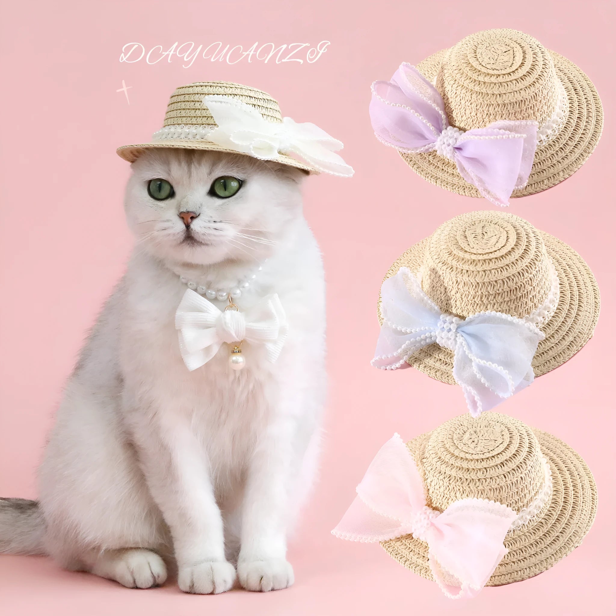 Woven Lafite leaf cat hat with pearl bow decoration in butterfly design