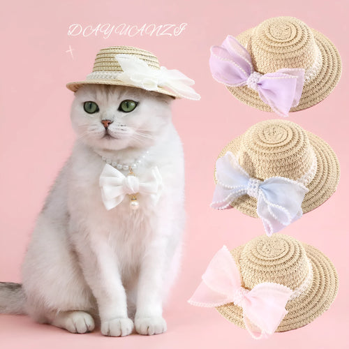Woven Lafite leaf cat hat with pearl bow decoration in butterfly design