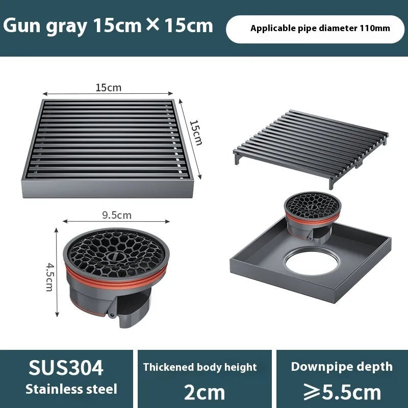 Gun grey 304 stainless steel courtyard deodorant floor drain with 15x15cm square grating