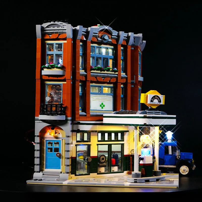 Plastic LED lighting accessories for MOC model building in corner repair shop configuration
