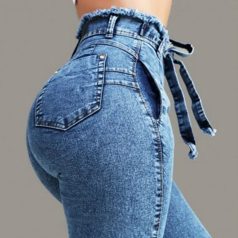 Fringed distressed jeans in cowboy fabric, shown in grey, dark blue, and light blue colours.