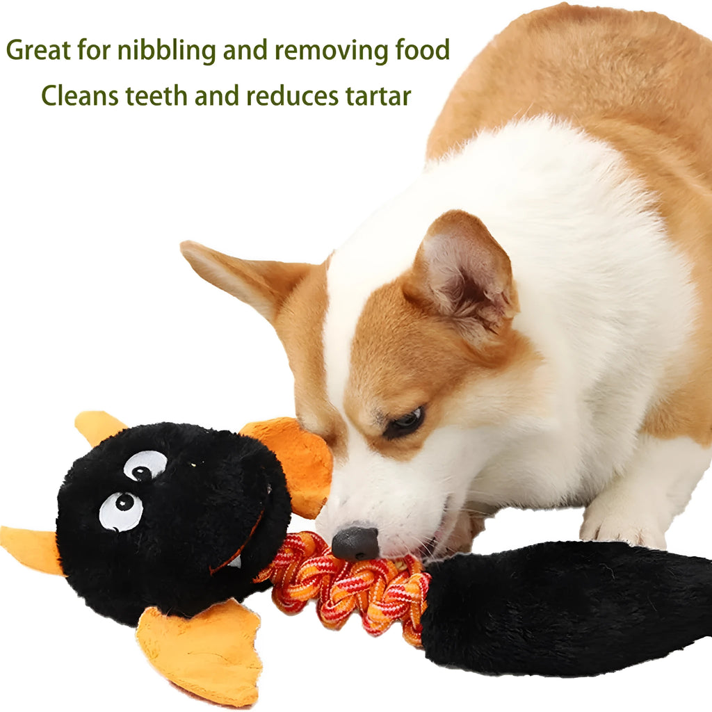 Large black plush dog toy with cartoon face, rope knot, and squeaker for big dogs.