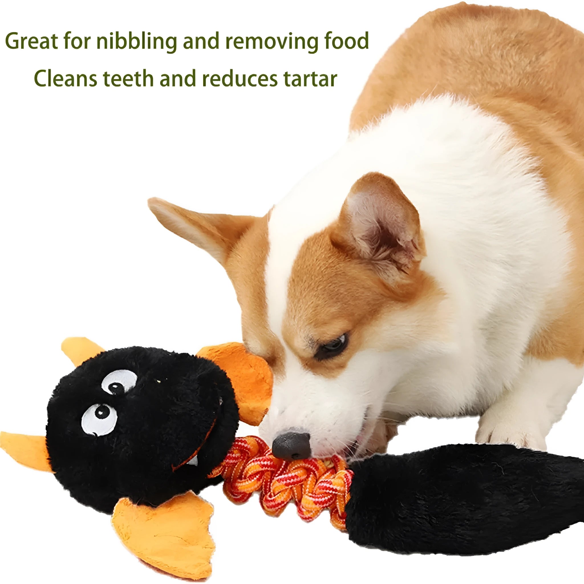 Large black plush dog toy with cartoon face, rope knot, and squeaker for big dogs.