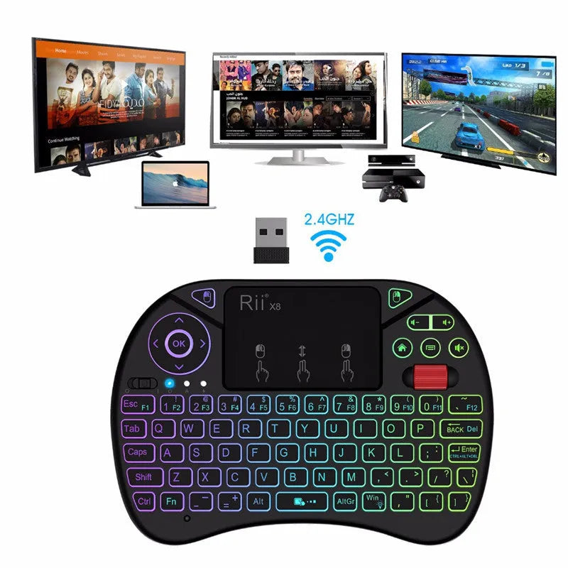 i8X black wireless keypad with 71-key QWERTY keyboard, touchpad, dual mouse buttons and lithium battery