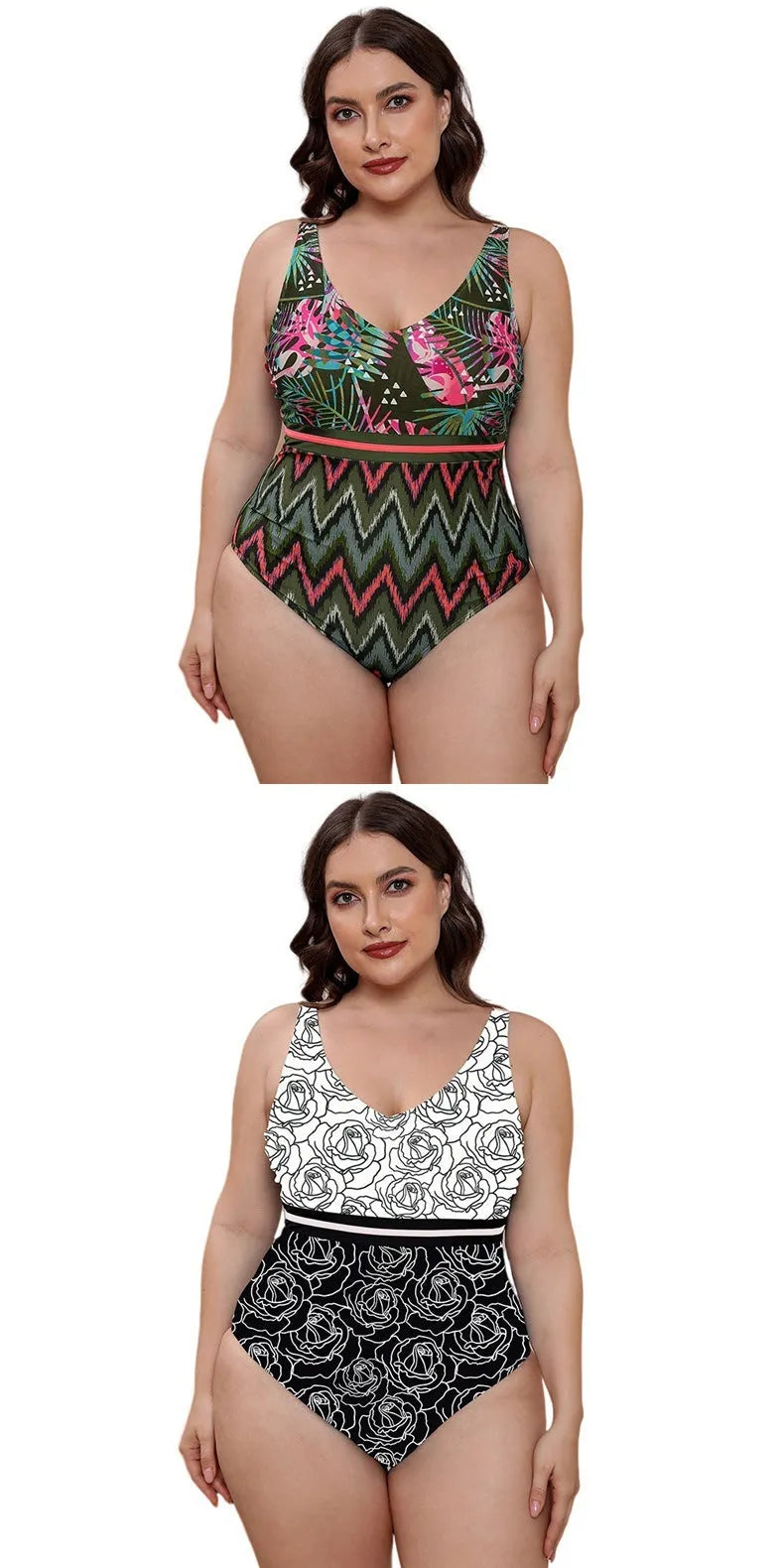 Women's striped vest one-piece swimsuit with spaghetti straps and floral print on blue background.