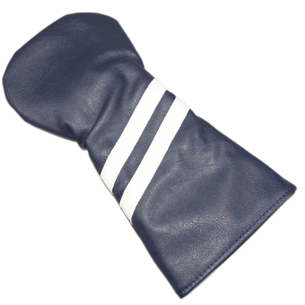 Two stripe golf club head cover sleeve for woods in blue, showing elastic PU material.