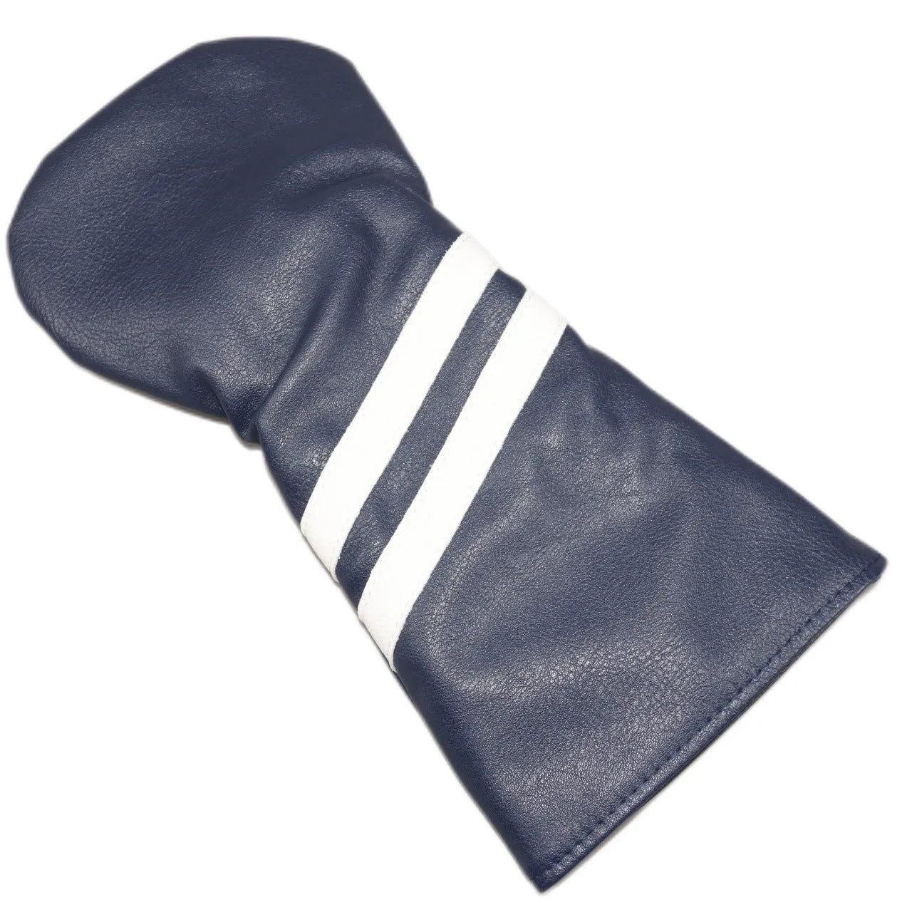 Two stripe golf club head cover sleeve for woods in blue, showing elastic PU material.