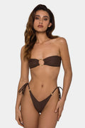 Brown women's push up bikini swimsuit with tube top ring tether and split bottom design