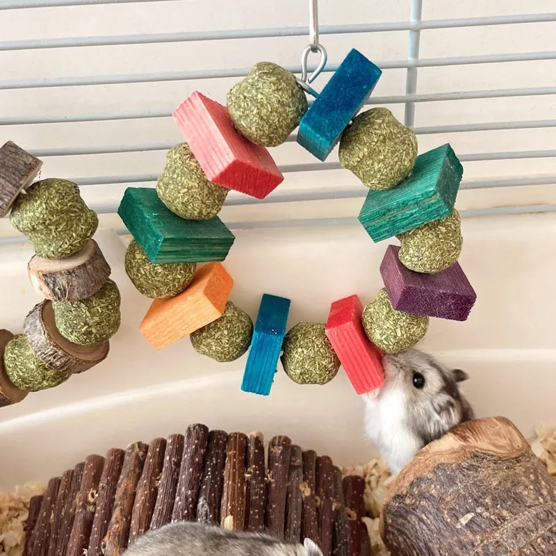 Small pet chew toy showing a ring with a decorative straw ball, in either sequin or applewood style.