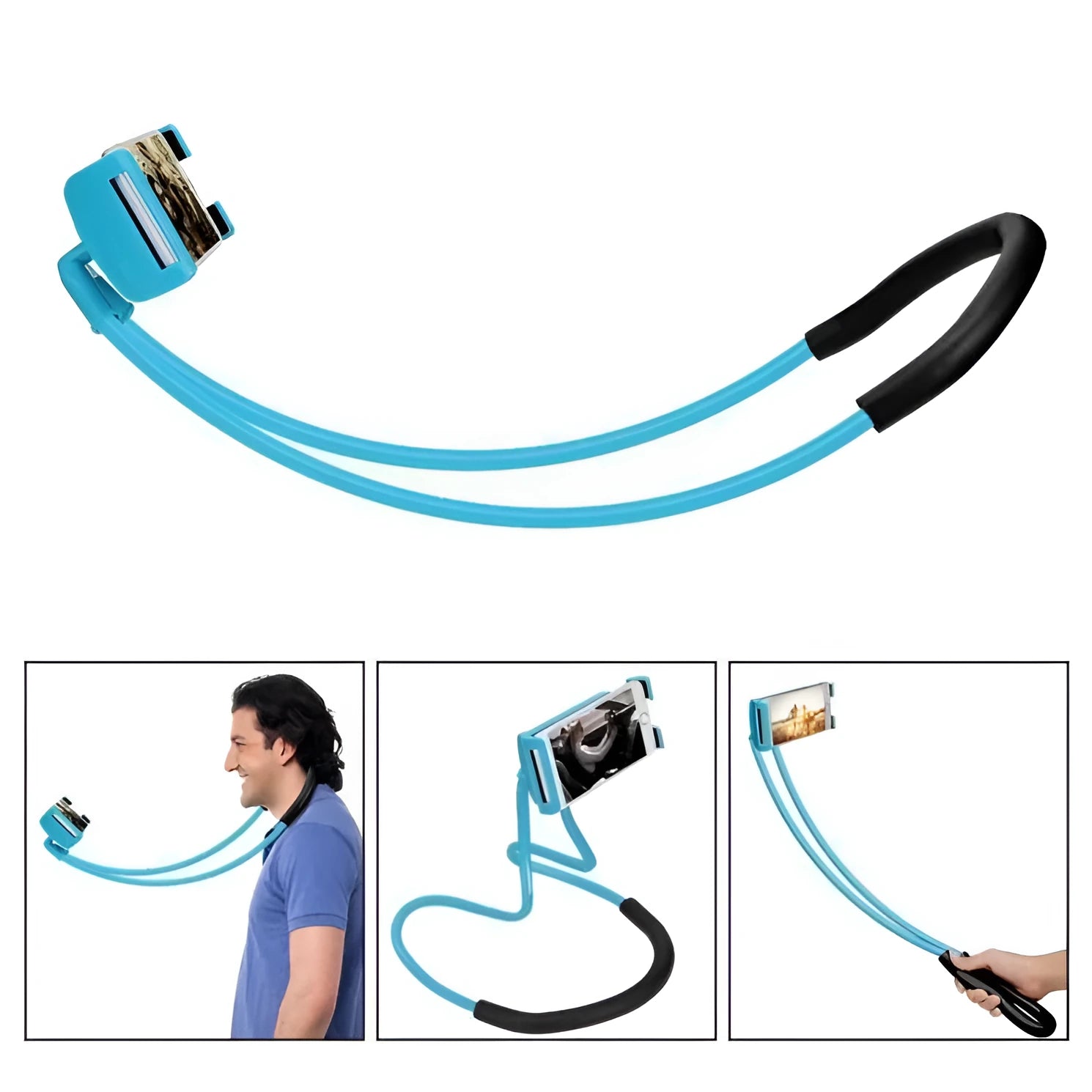 Universal 360-degree rotating phone holder in multiple colours on a table, holding a smartphone.