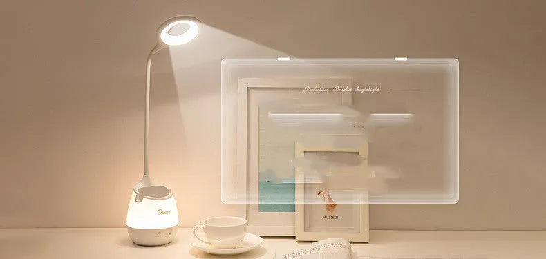 Green rechargeable touch-control USB table lamp with LED light on a wooden desk