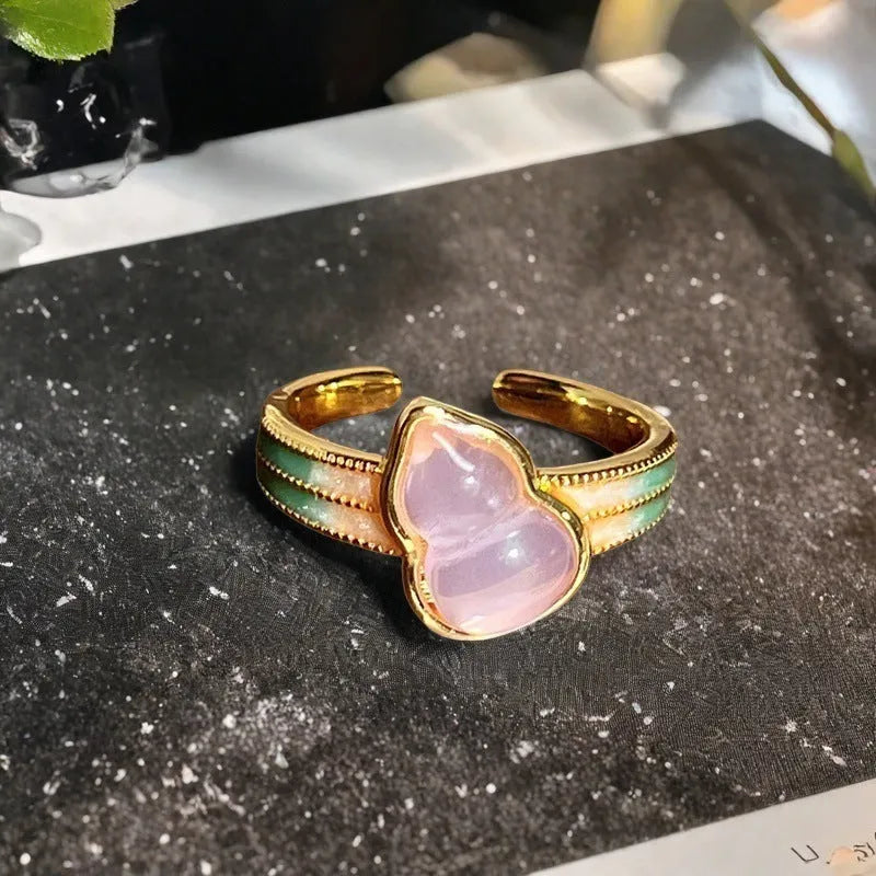 Adjustable copper gourd ring with vintage oil dripping finish and New Chinese style decoration