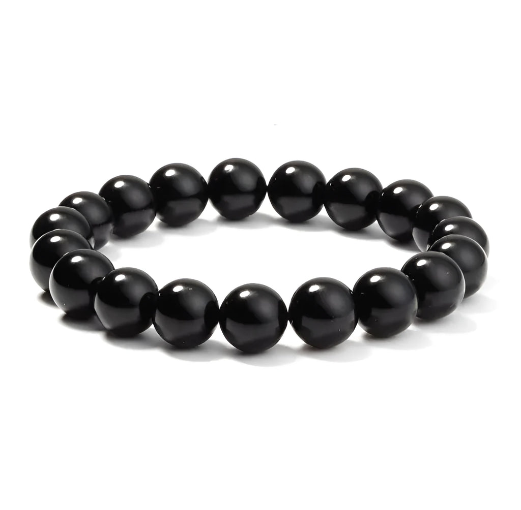 Black onyx geometric bracelet with 8mm beads on a stretchy elastic cord.